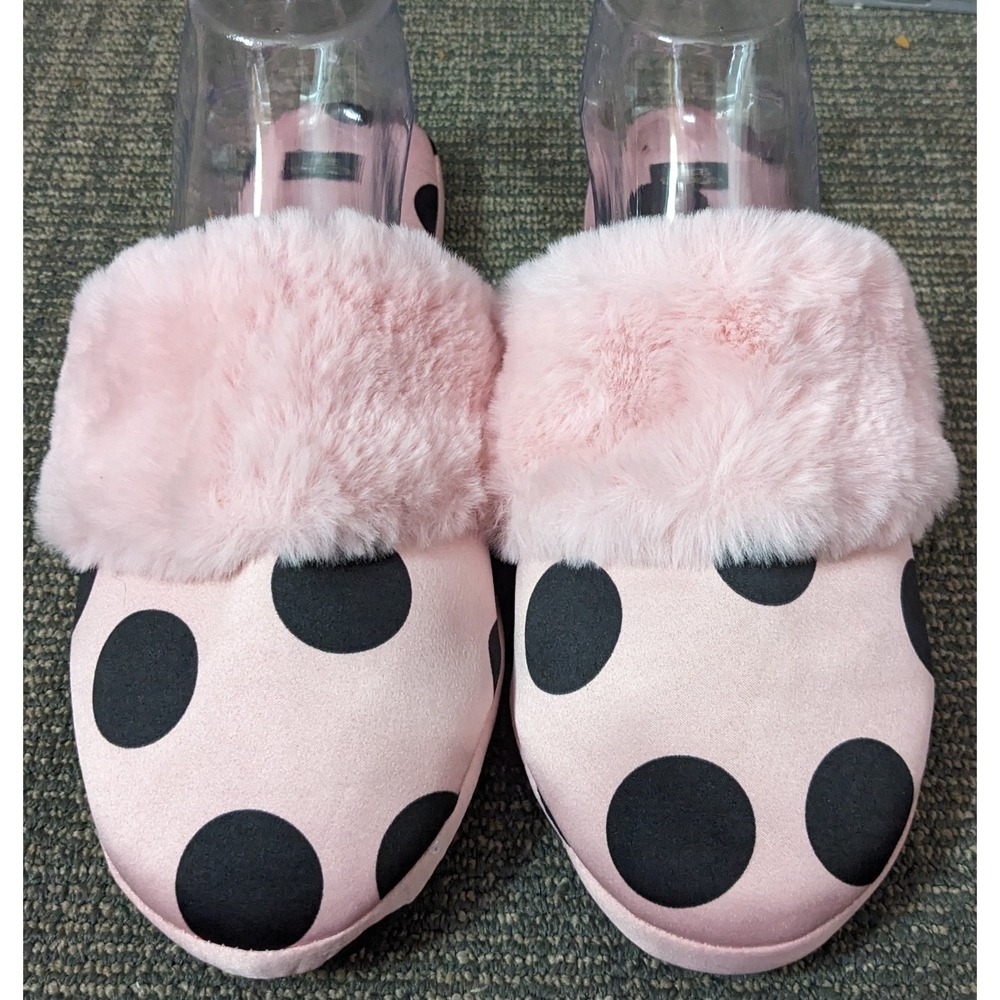 New‎ Victoria's Secret Satin Polka Dot Slippers Faux Fur Medium 7-8 House Shoe